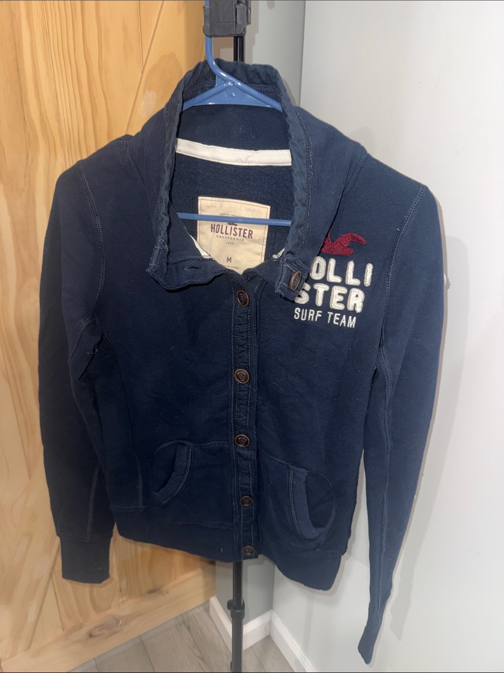 Hollister Navy Button-Front Women’s Bomber-Style Swear Jacket with Red Logo